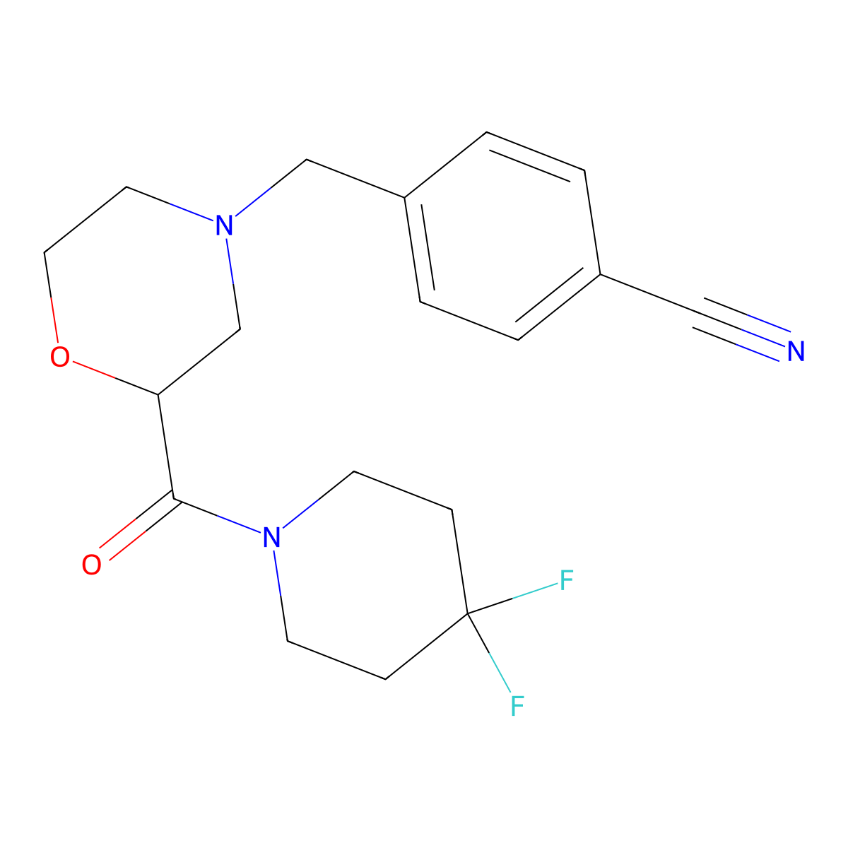 4-{[2-(4,4-Difluoropiperidine-1-carbonyl)morpholin-4-yl]methyl}benzonitrile molecular structure, CAS 2741922-76-7