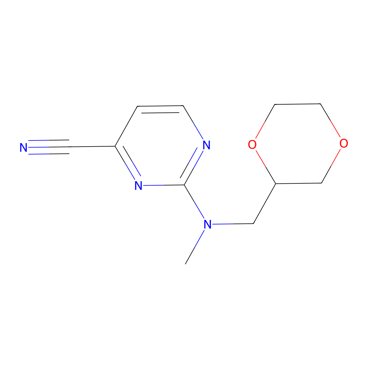 2-{[(1,4-Dioxan-2-yl)methyl](methyl)amino}pyrimidine-4-carbonitrile molecular structure, CAS 2741923-05-5