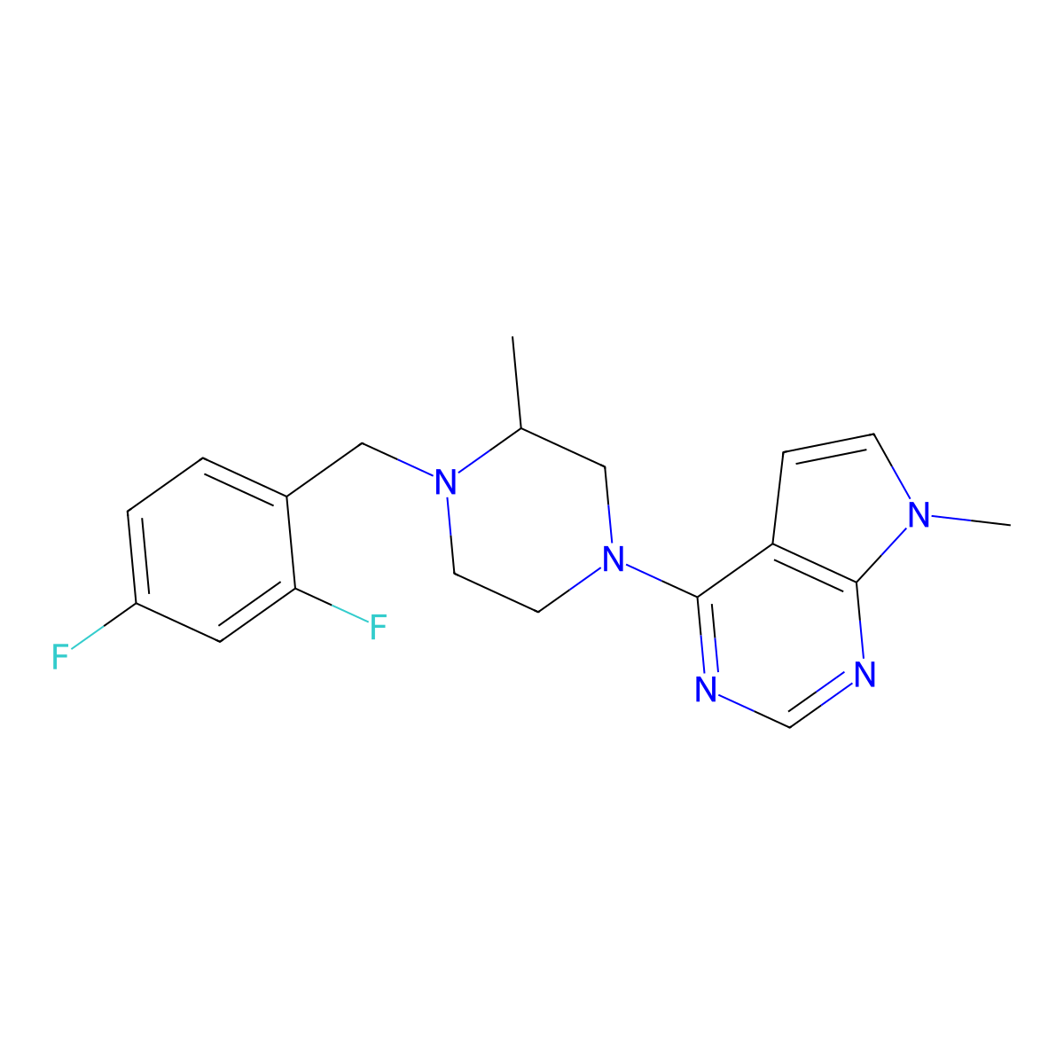 1-[(2,4-difluorophenyl)methyl]-2-methyl-4-{7-methyl-7H-pyrrolo[2,3-d]pyrimidin-4-yl}piperazine molecular structure, CAS 2741923-16-8