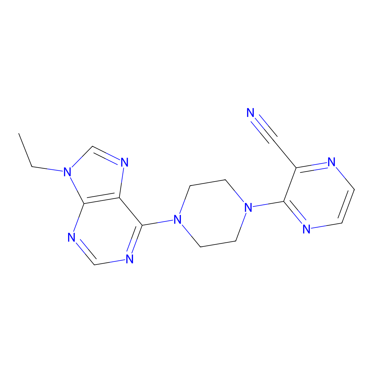 3-[4-(9-ethyl-9H-purin-6-yl)piperazin-1-yl]pyrazine-2-carbonitrile molecular structure, CAS 2741923-27-1