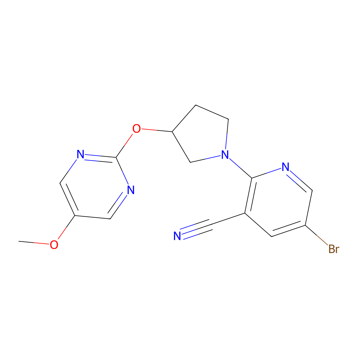 5-Bromo-2-{3-[(5-methoxypyrimidin-2-yl)oxy]pyrrolidin-1-yl}pyridine-3-carbonitrile molecular structure, CAS 2741923-39-5