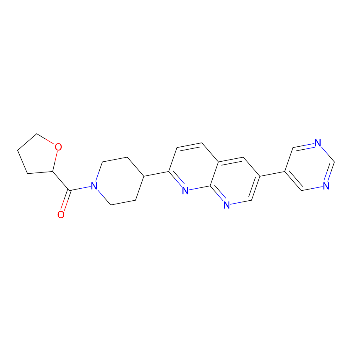2-[1-(Oxolane-2-carbonyl)piperidin-4-yl]-6-(pyrimidin-5-yl)-1,8-naphthyridine molecular structure, CAS 2741923-40-8