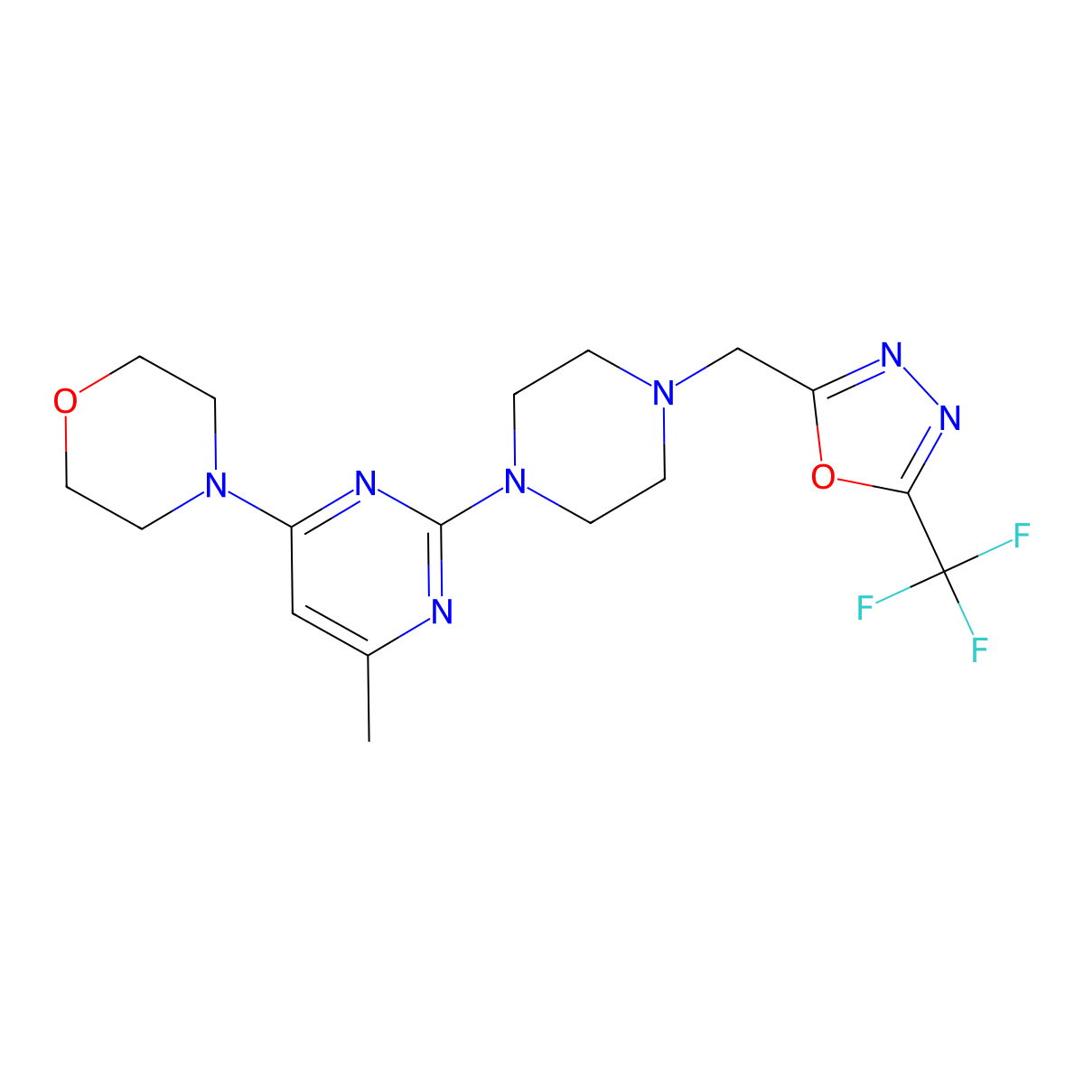4-[6-Methyl-2-(4-{[5-(trifluoromethyl)-1,3,4-oxadiazol-2-yl]methyl}piperazin-1-yl)pyrimidin-4-yl]morpholine molecular structure, CAS 2741923-48-6
