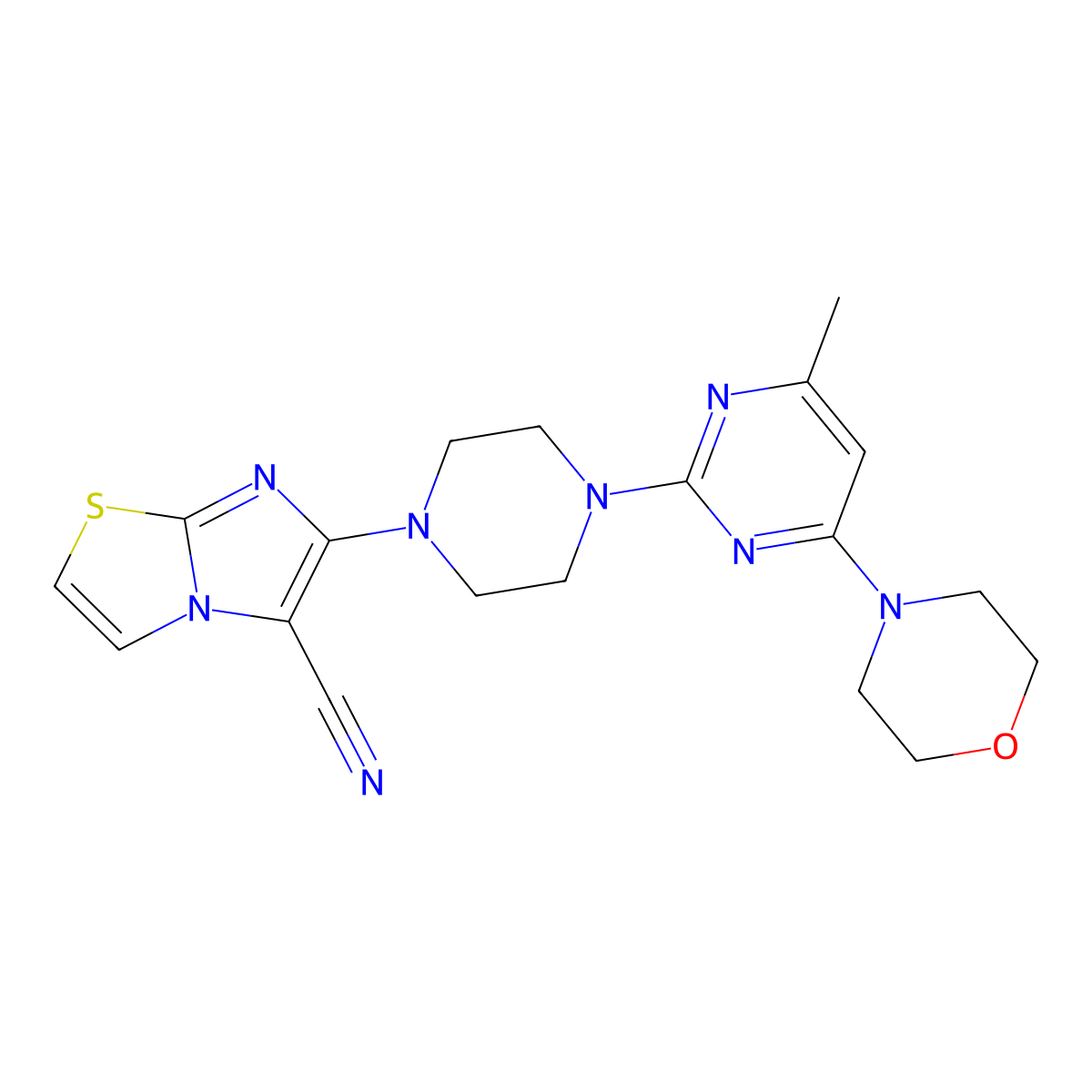 6-{4-[4-Methyl-6-(morpholin-4-yl)pyrimidin-2-yl]piperazin-1-yl}imidazo[2,1-b][1,3]thiazole-5-carbonitrile molecular structure, CAS 2741923-54-4