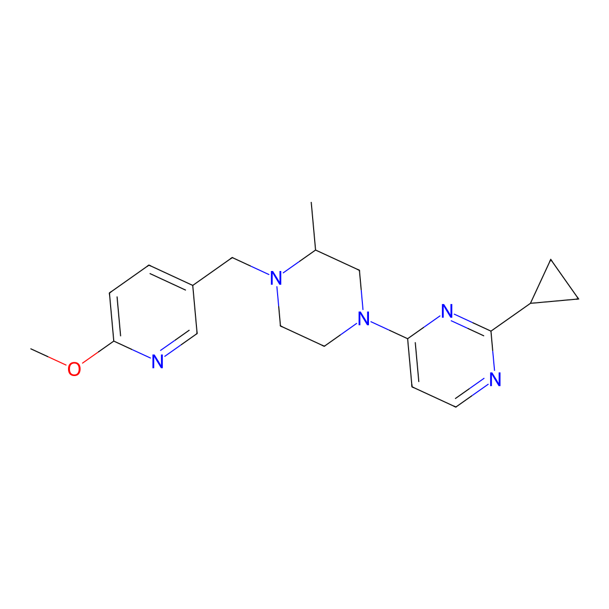 2-Cyclopropyl-4-{4-[(6-methoxypyridin-3-yl)methyl]-3-methylpiperazin-1-yl}pyrimidine molecular structure, CAS 2741923-60-2