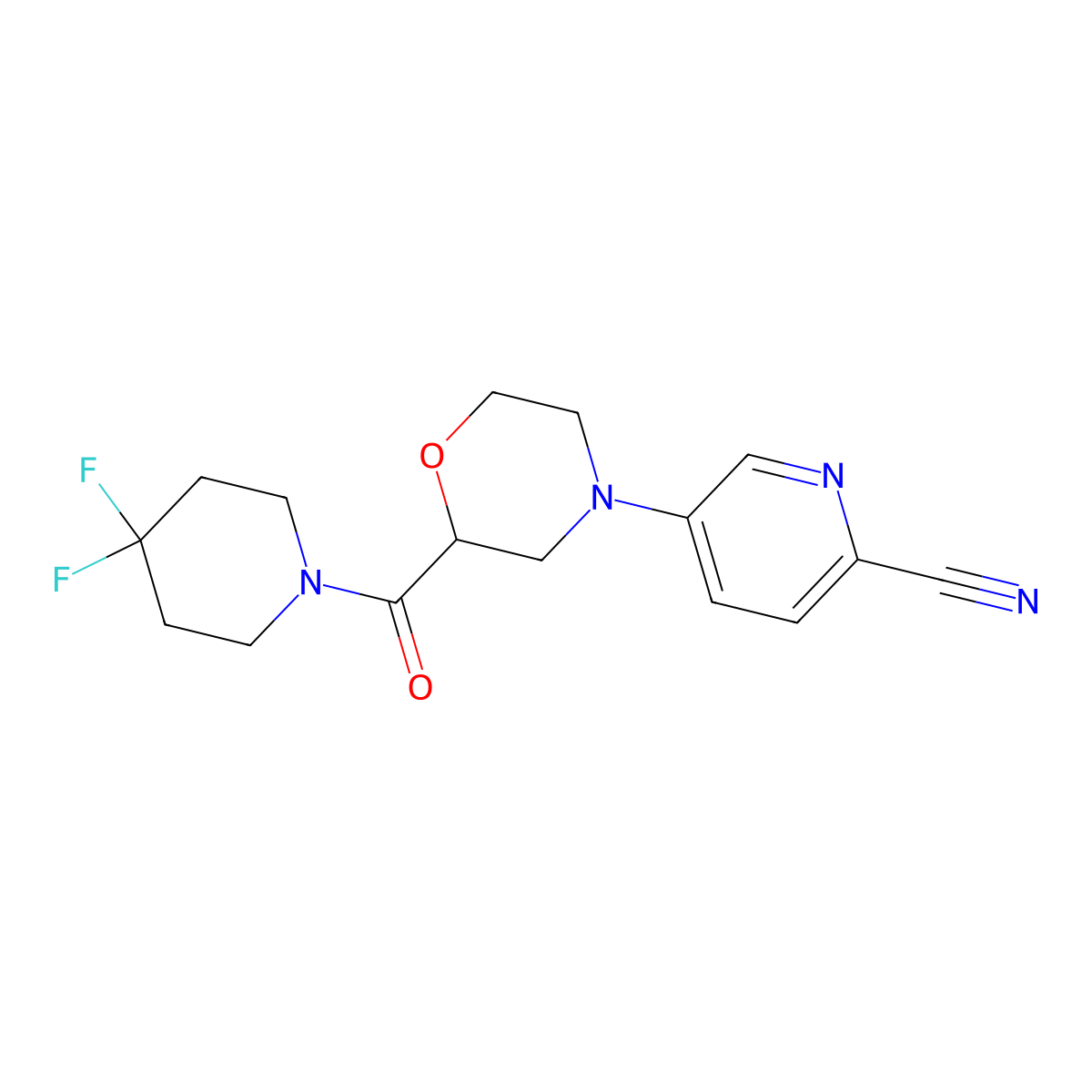 5-[2-(4,4-Difluoropiperidine-1-carbonyl)morpholin-4-yl]pyridine-2-carbonitrile molecular structure, CAS 2741923-66-8