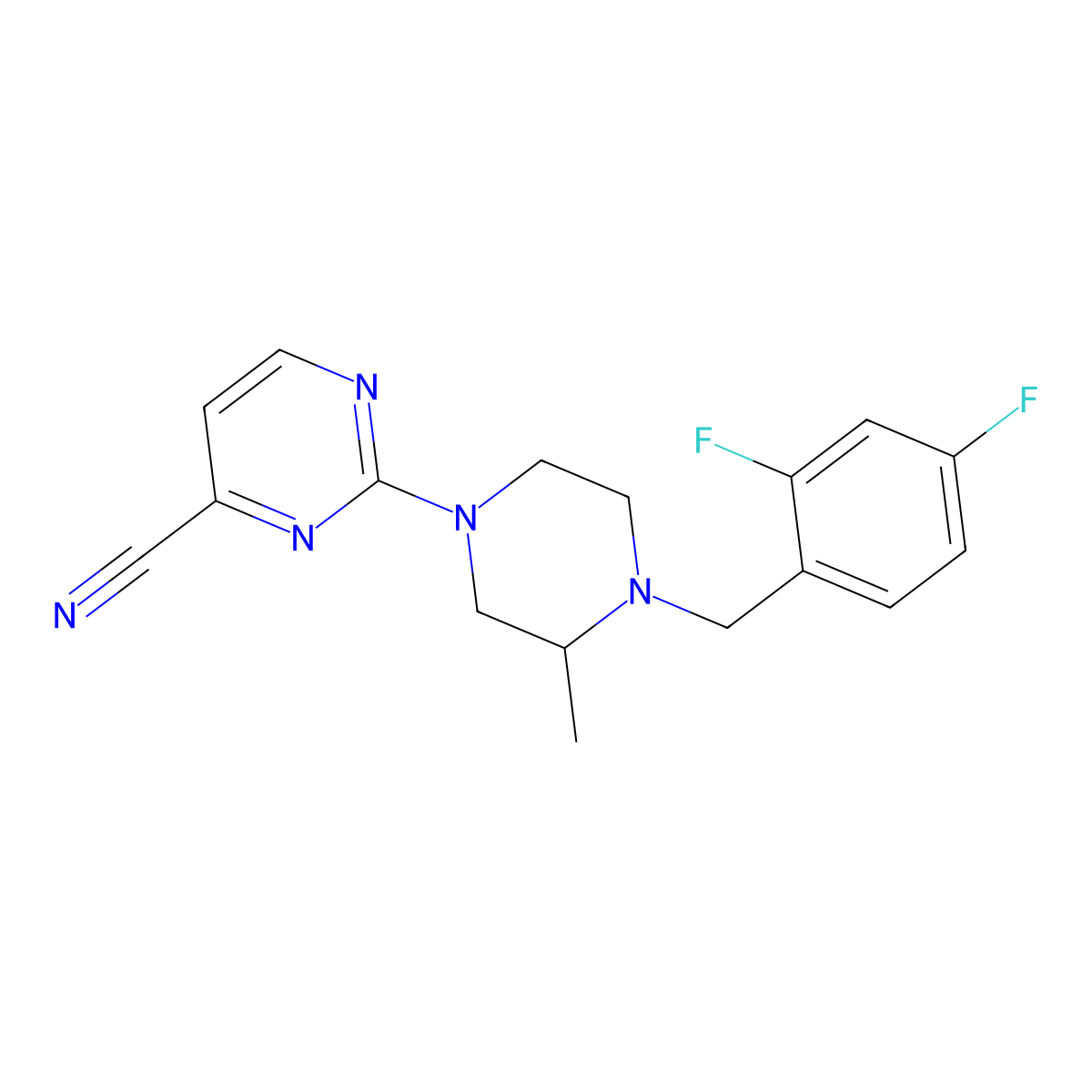 2-{4-[(2,4-Difluorophenyl)methyl]-3-methylpiperazin-1-yl}pyrimidine-4-carbonitrile molecular structure, CAS 2741923-68-0