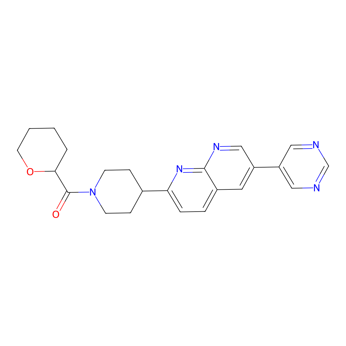 2-[1-(Oxane-2-carbonyl)piperidin-4-yl]-6-(pyrimidin-5-yl)-1,8-naphthyridine molecular structure, CAS 2741923-74-8