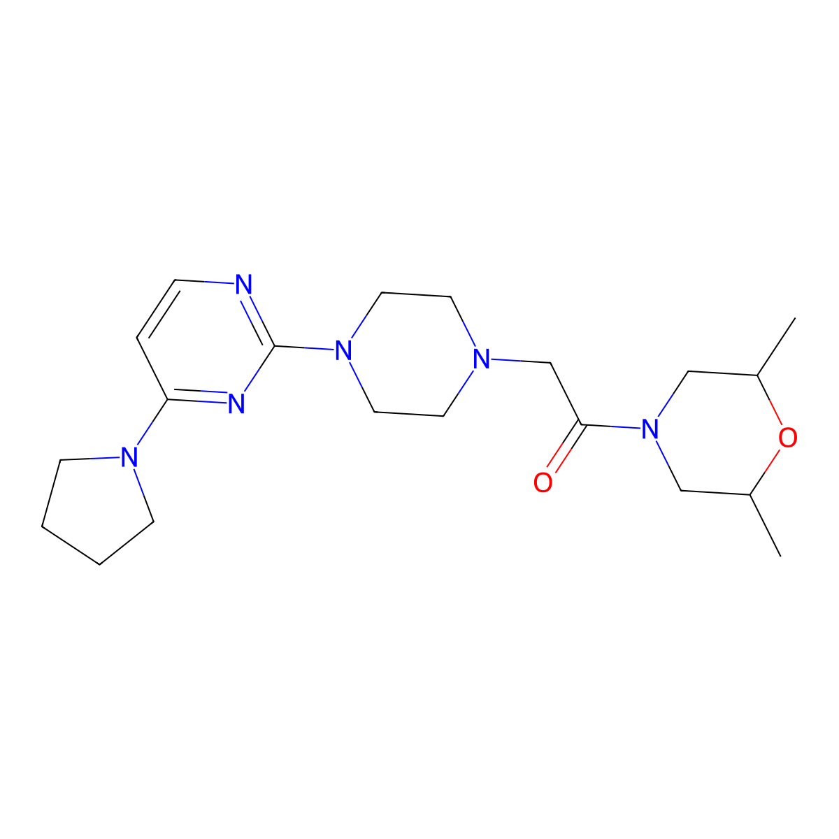1-(2,6-Dimethylmorpholin-4-yl)-2-{4-[4-(pyrrolidin-1-yl)pyrimidin-2-yl]piperazin-1-yl}ethan-1-one molecular structure, CAS 2741923-80-6