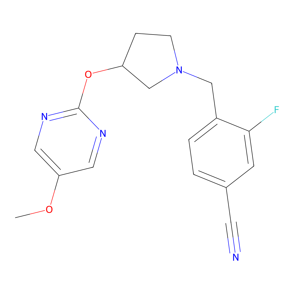 3-Fluoro-4-({3-[(5-methoxypyrimidin-2-yl)oxy]pyrrolidin-1-yl}methyl)benzonitrile molecular structure, CAS 2741923-82-8