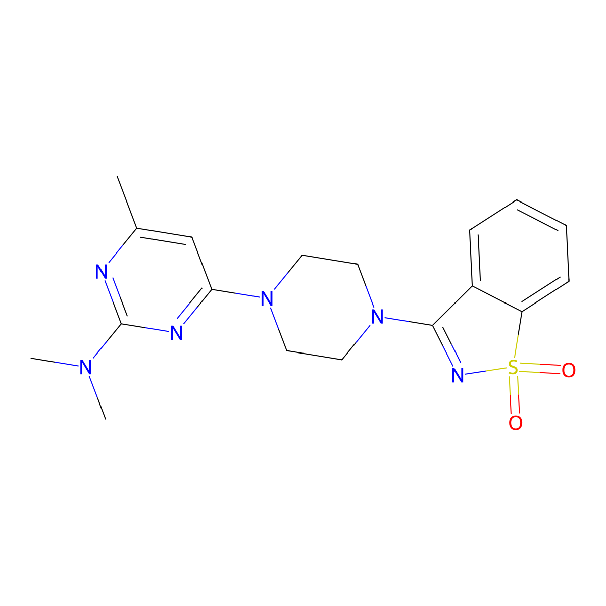 3-{4-[2-(Dimethylamino)-6-methylpyrimidin-4-yl]piperazin-1-yl}-1lambda6,2-benzothiazole-1,1-dione molecular structure, CAS 2741923-84-0