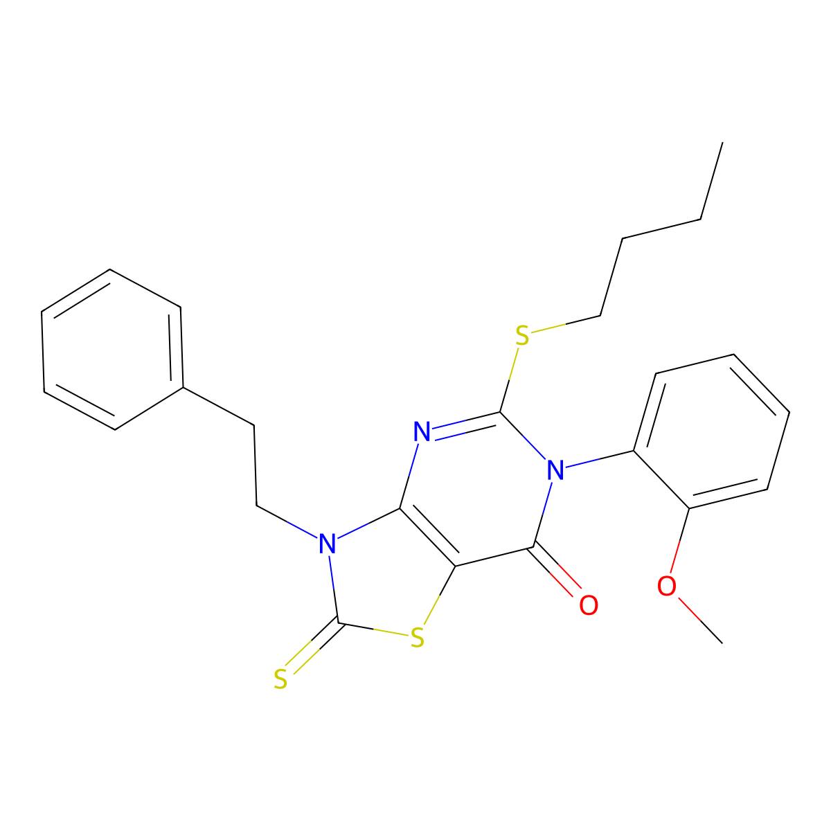 5-(butylsulfanyl)-6-(2-methoxyphenyl)-3-(2-phenylethyl)-2-sulfanylidene-2H,3H,6H,7H-[1,3]thiazolo[4,5-d]pyrimidin-7-one molecular structure, CAS 2741923-92-0