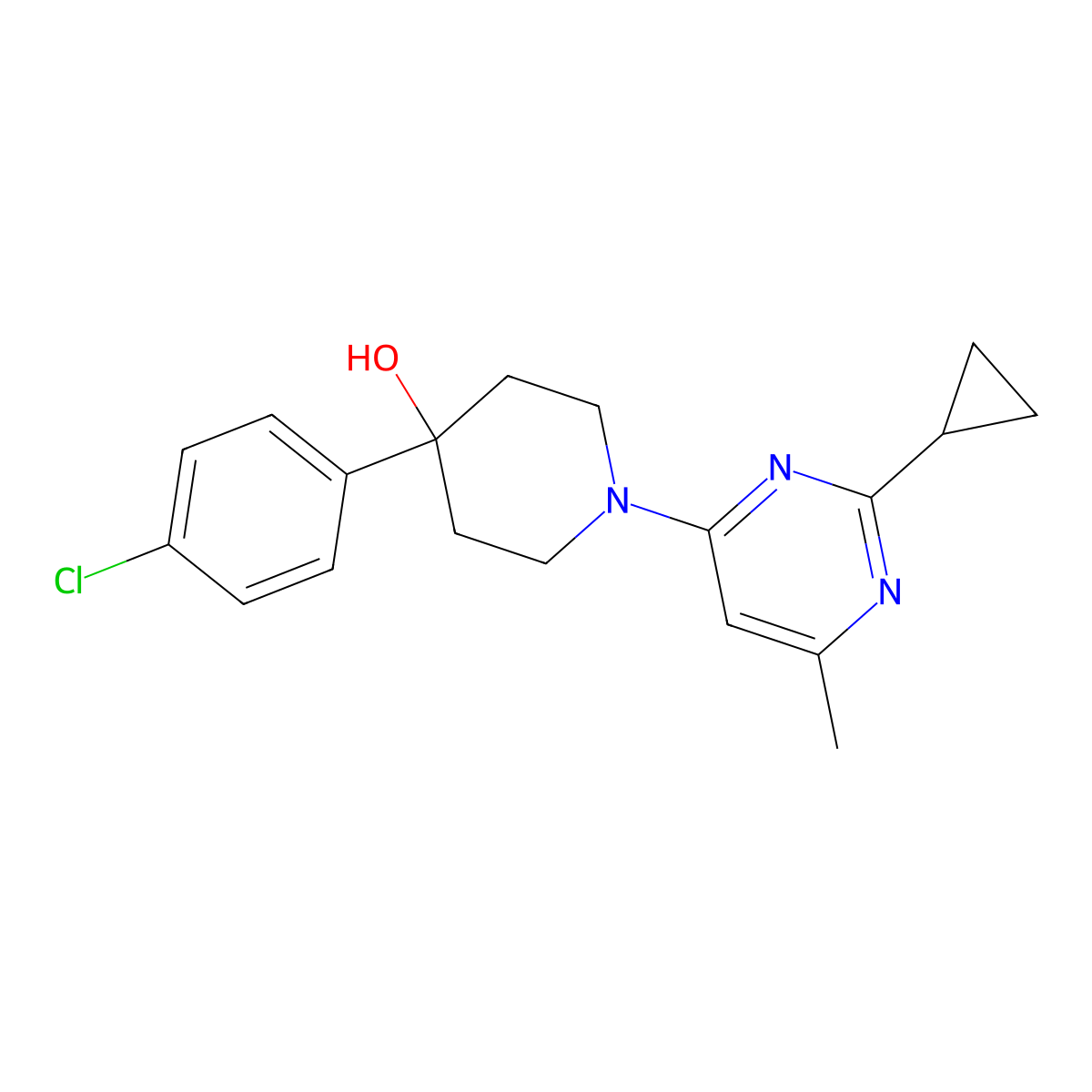 4-(4-Chlorophenyl)-1-(2-cyclopropyl-6-methylpyrimidin-4-yl)piperidin-4-ol molecular structure, CAS 2741923-93-1