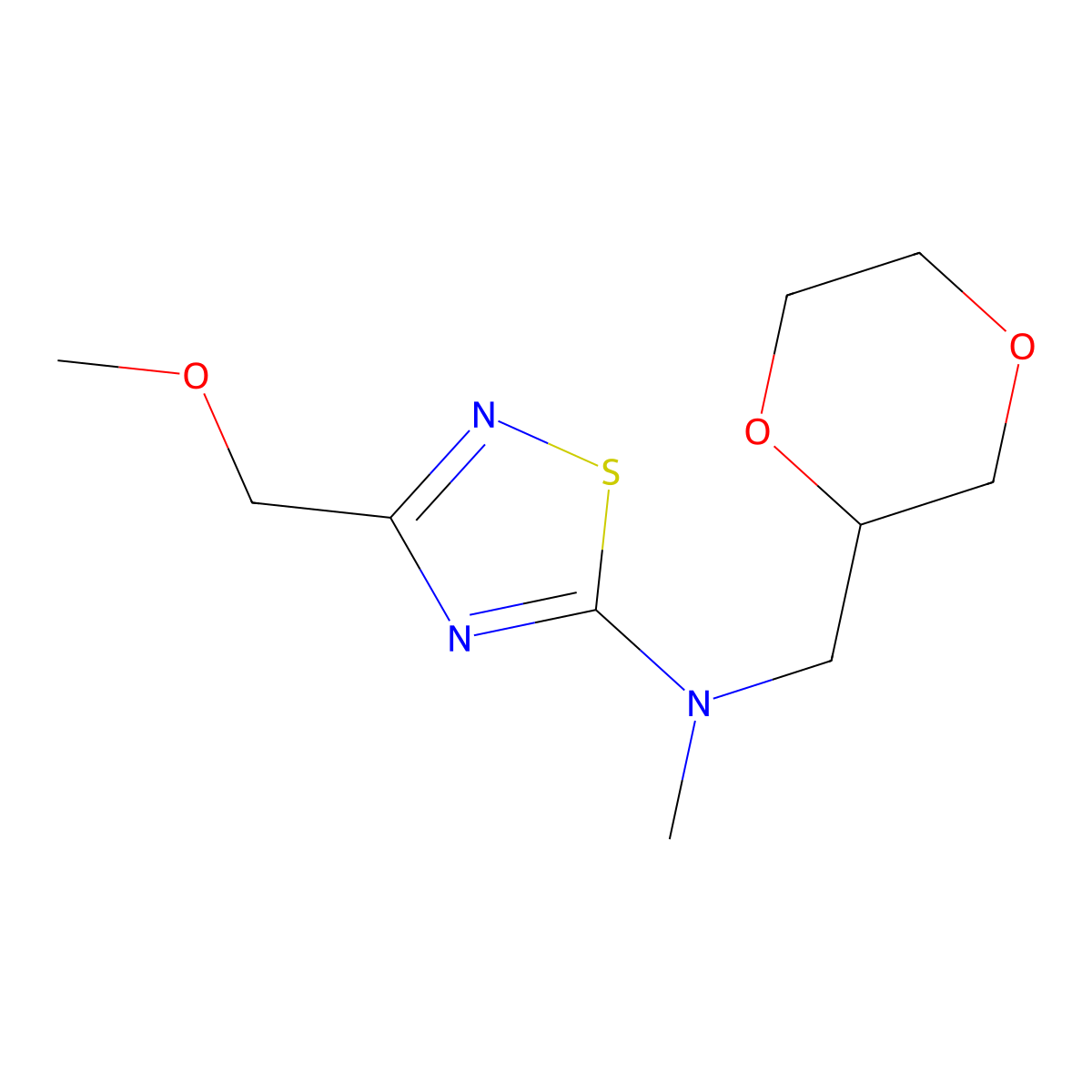 N-[(1,4-dioxan-2-yl)methyl]-3-(methoxymethyl)-N-methyl-1,2,4-thiadiazol-5-amine molecular structure, CAS 2741923-95-3