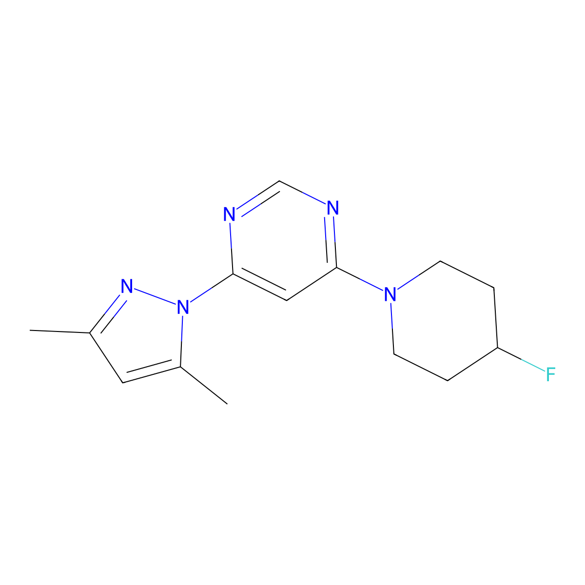 4-(3,5-dimethyl-1H-pyrazol-1-yl)-6-(4-fluoropiperidin-1-yl)pyrimidine molecular structure, CAS 2741924-02-5