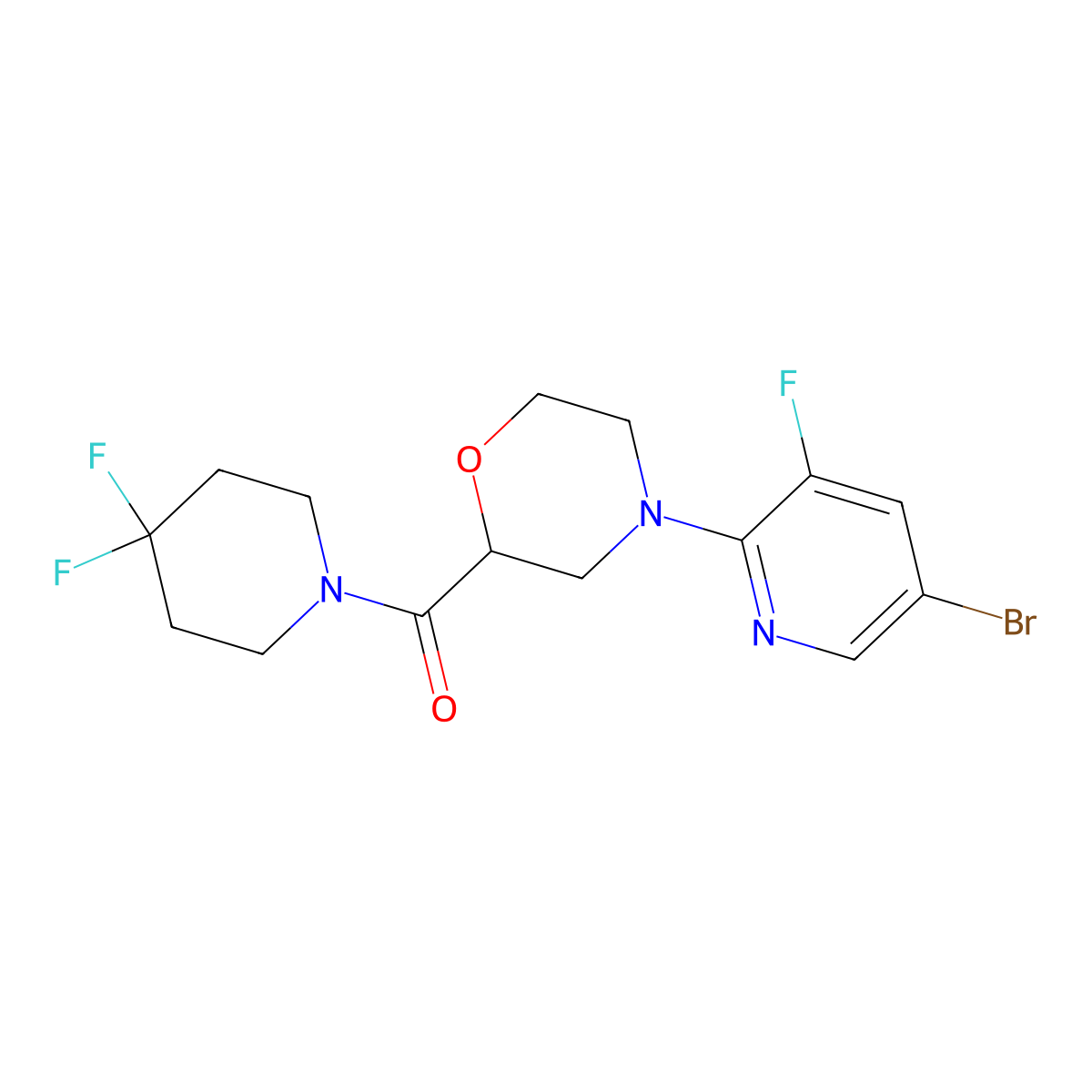 4-(5-Bromo-3-fluoropyridin-2-yl)-2-(4,4-difluoropiperidine-1-carbonyl)morpholine molecular structure, CAS 2741924-07-0