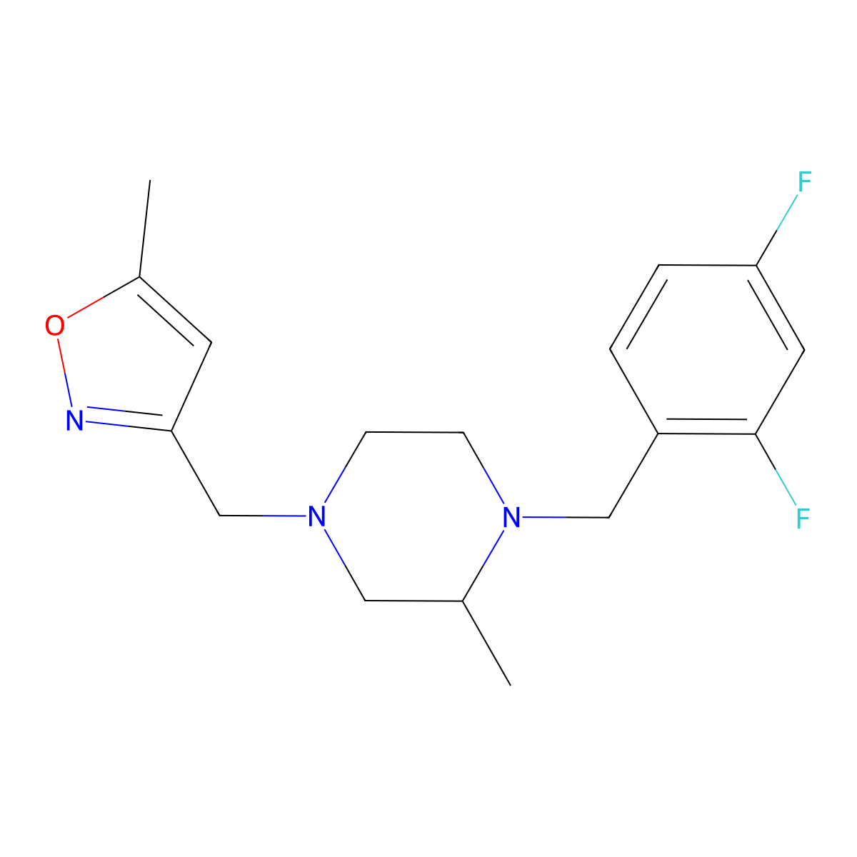 1-[(2,4-Difluorophenyl)methyl]-2-methyl-4-[(5-methyl-1,2-oxazol-3-yl)methyl]piperazine molecular structure, CAS 2741924-12-7