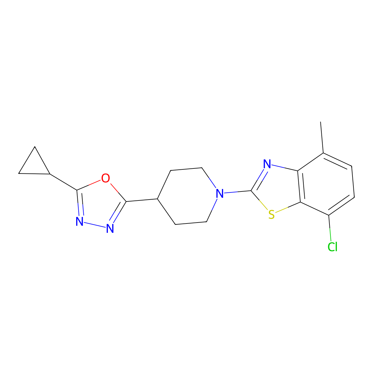 7-Chloro-2-[4-(5-cyclopropyl-1,3,4-oxadiazol-2-yl)piperidin-1-yl]-4-methyl-1,3-benzothiazole molecular structure, CAS 2741924-22-9