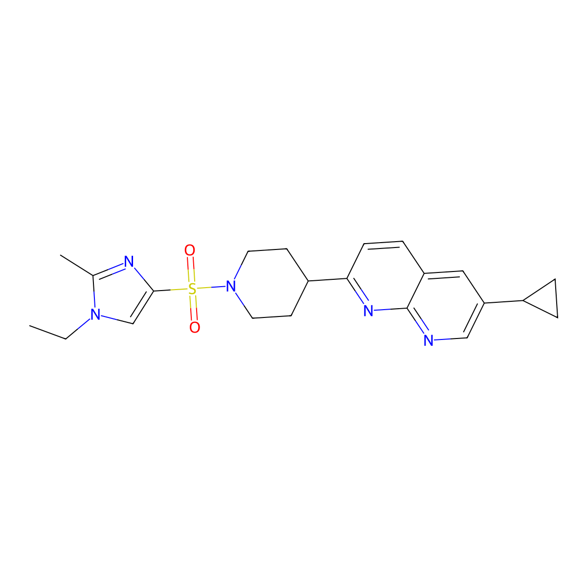 6-cyclopropyl-2-{1-[(1-ethyl-2-methyl-1H-imidazol-4-yl)sulfonyl]piperidin-4-yl}-1,8-naphthyridine molecular structure, CAS 2741924-23-0