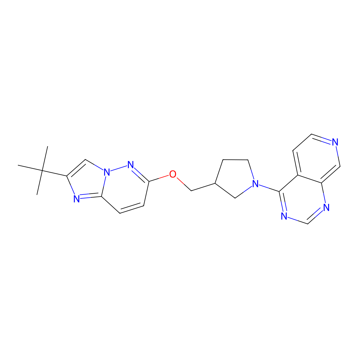 3-[({2-Tert-butylimidazo[1,2-b]pyridazin-6-yl}oxy)methyl]-1-{pyrido[3,4-d]pyrimidin-4-yl}pyrrolidine molecular structure, CAS 2741924-24-1