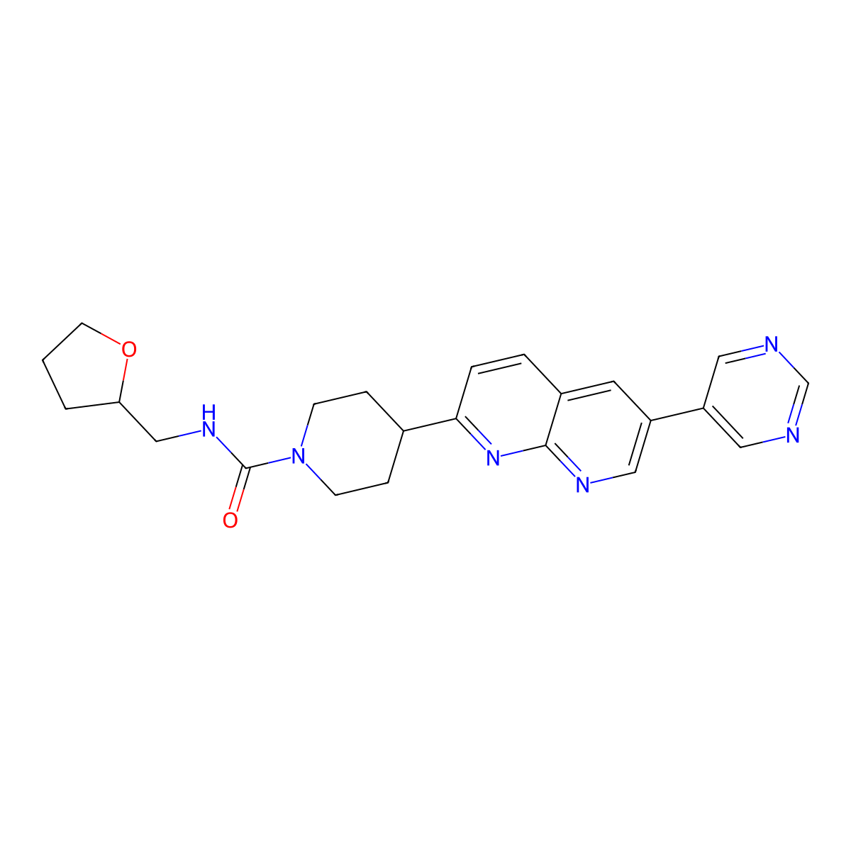 N-[(oxolan-2-yl)methyl]-4-[6-(pyrimidin-5-yl)-1,8-naphthyridin-2-yl]piperidine-1-carboxamide molecular structure, CAS 2741924-25-2