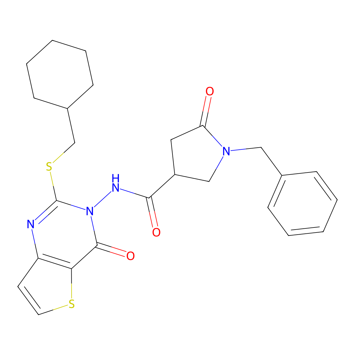 1-benzyl-N-{2-[(cyclohexylmethyl)sulfanyl]-4-oxo-3H,4H-thieno[3,2-d]pyrimidin-3-yl}-5-oxopyrrolidine-3-carboxamide molecular structure, CAS 2741924-27-4