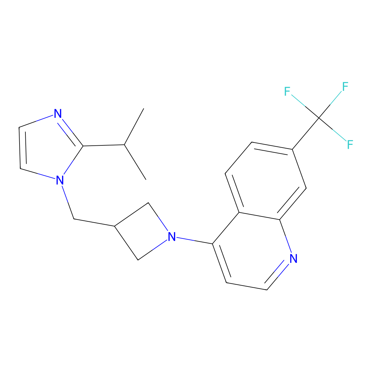 4-(3-{[2-(propan-2-yl)-1H-imidazol-1-yl]methyl}azetidin-1-yl)-7-(trifluoromethyl)quinoline molecular structure, CAS 2741924-35-4