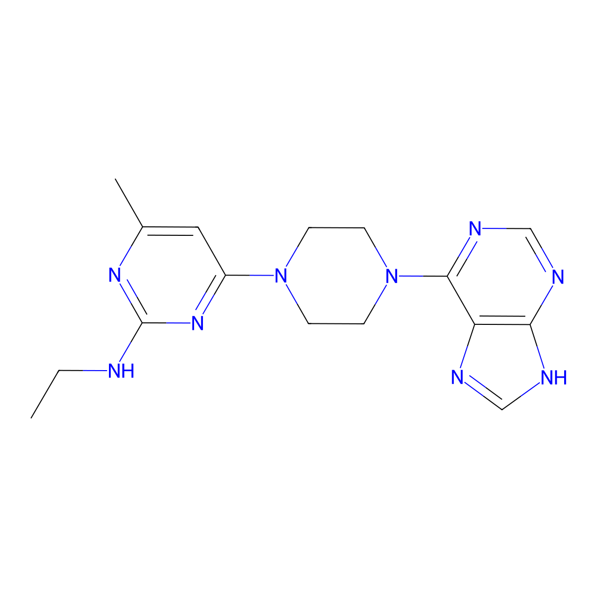 N-ethyl-4-methyl-6-[4-(9H-purin-6-yl)piperazin-1-yl]pyrimidin-2-amine molecular structure, CAS 2741924-36-5