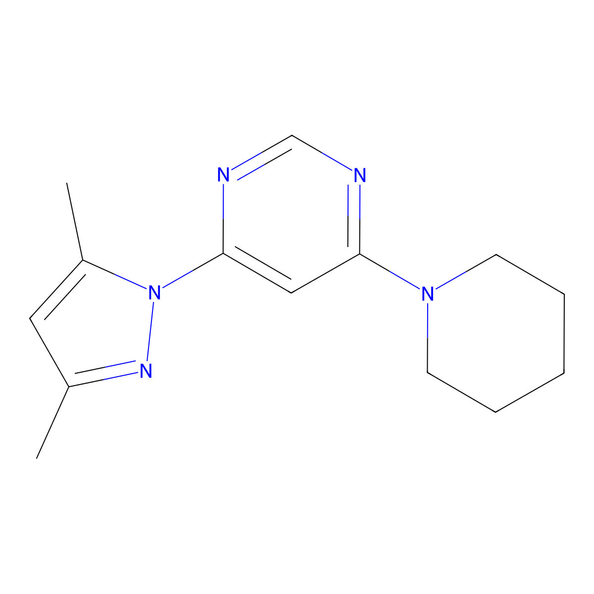 4-(3,5-dimethyl-1H-pyrazol-1-yl)-6-(piperidin-1-yl)pyrimidine molecular structure, CAS 2741924-39-8