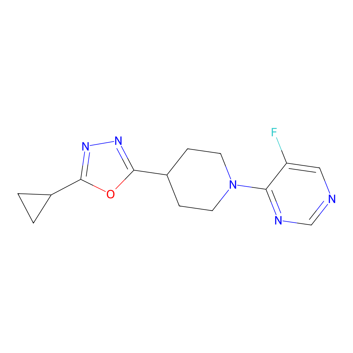 4-[4-(5-Cyclopropyl-1,3,4-oxadiazol-2-yl)piperidin-1-yl]-5-fluoropyrimidine molecular structure, CAS 2741924-43-4