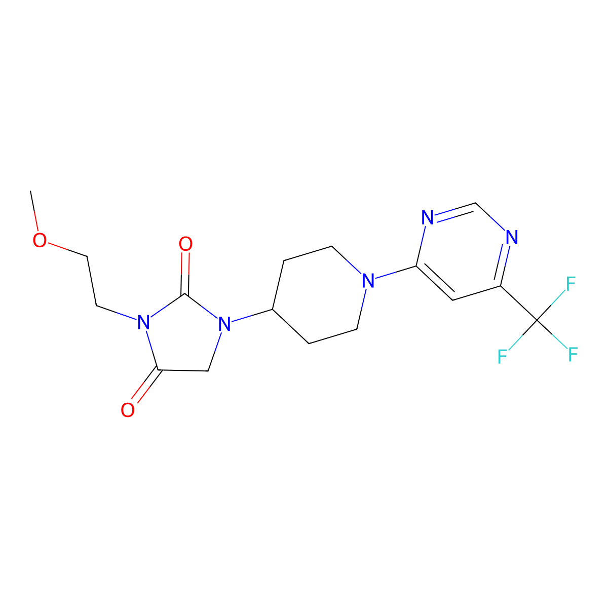 3-(2-Methoxyethyl)-1-{1-[6-(trifluoromethyl)pyrimidin-4-yl]piperidin-4-yl}imidazolidine-2,4-dione molecular structure, CAS 2741924-44-5