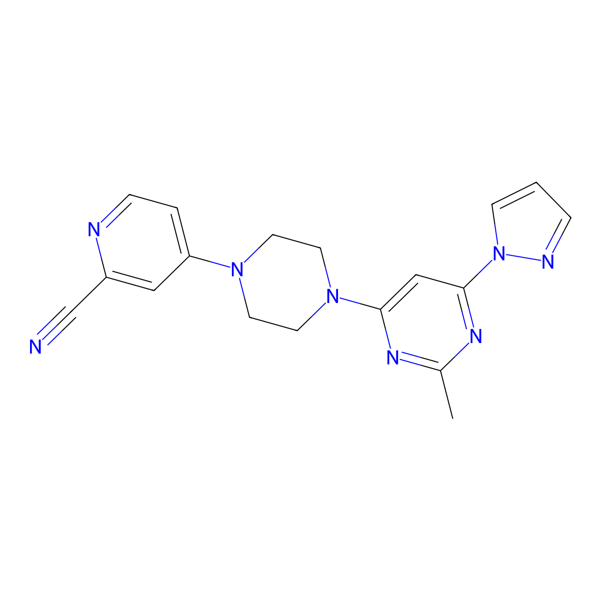 4-{4-[2-methyl-6-(1H-pyrazol-1-yl)pyrimidin-4-yl]piperazin-1-yl}pyridine-2-carbonitrile molecular structure, CAS 2741924-54-7