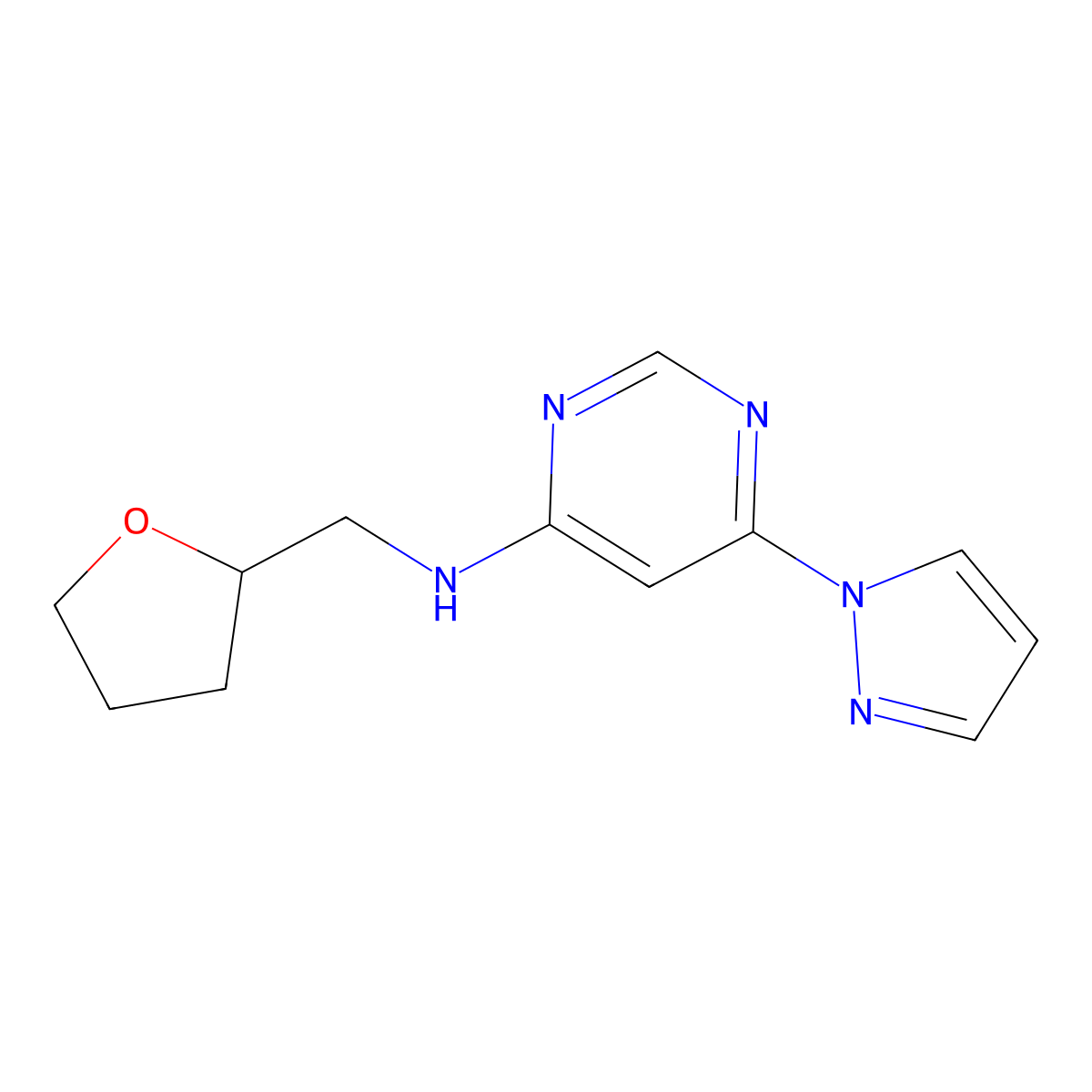 N-[(oxolan-2-yl)methyl]-6-(1H-pyrazol-1-yl)pyrimidin-4-amine molecular structure, CAS 2741924-65-0
