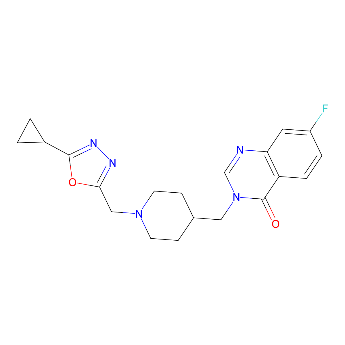 3-({1-[(5-Cyclopropyl-1,3,4-oxadiazol-2-yl)methyl]piperidin-4-yl}methyl)-7-fluoro-3,4-dihydroquinazolin-4-one molecular structure, CAS 2741924-83-2