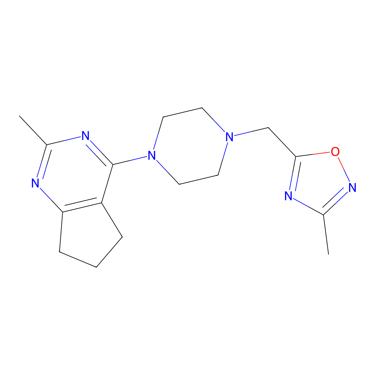 1-[(3-methyl-1,2,4-oxadiazol-5-yl)methyl]-4-{2-methyl-5H,6H,7H-cyclopenta[d]pyrimidin-4-yl}piperazine molecular structure, CAS 2741925-00-6