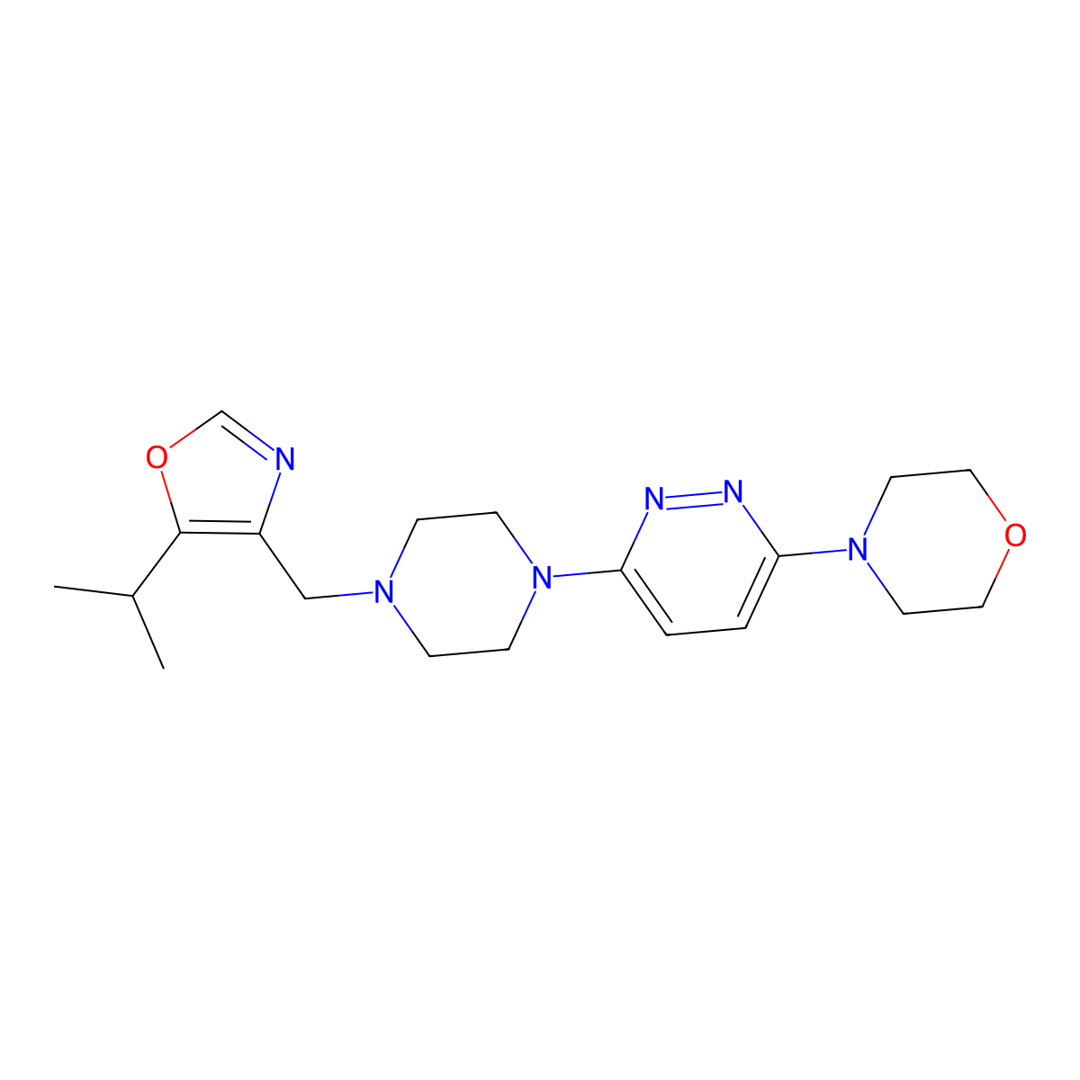 4-[6-(4-{[5-(Propan-2-yl)-1,3-oxazol-4-yl]methyl}piperazin-1-yl)pyridazin-3-yl]morpholine molecular structure, CAS 2741925-06-2