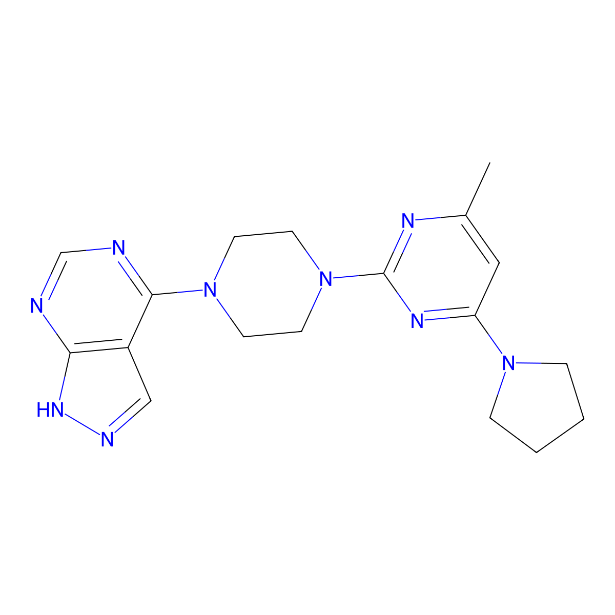 4-methyl-2-(4-{1H-pyrazolo[3,4-d]pyrimidin-4-yl}piperazin-1-yl)-6-(pyrrolidin-1-yl)pyrimidine molecular structure, CAS 2741925-07-3