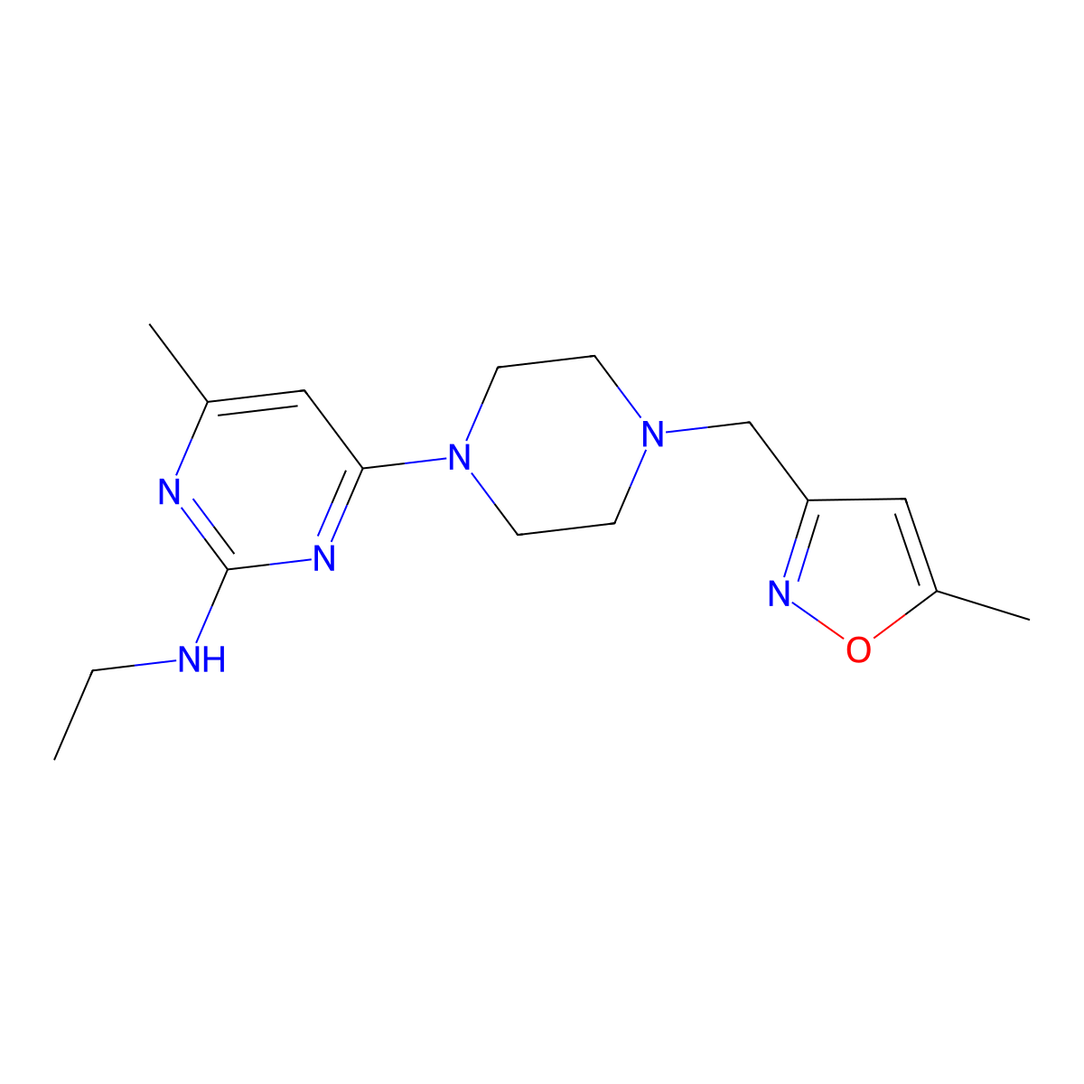 N-ethyl-4-methyl-6-{4-[(5-methyl-1,2-oxazol-3-yl)methyl]piperazin-1-yl}pyrimidin-2-amine molecular structure, CAS 2741925-13-1