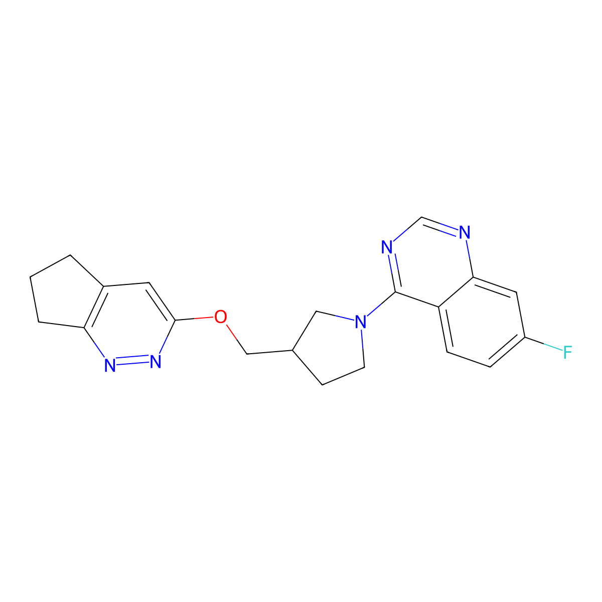 4-[3-({5H,6H,7H-cyclopenta[c]pyridazin-3-yloxy}methyl)pyrrolidin-1-yl]-7-fluoroquinazoline molecular structure, CAS 2741925-27-7