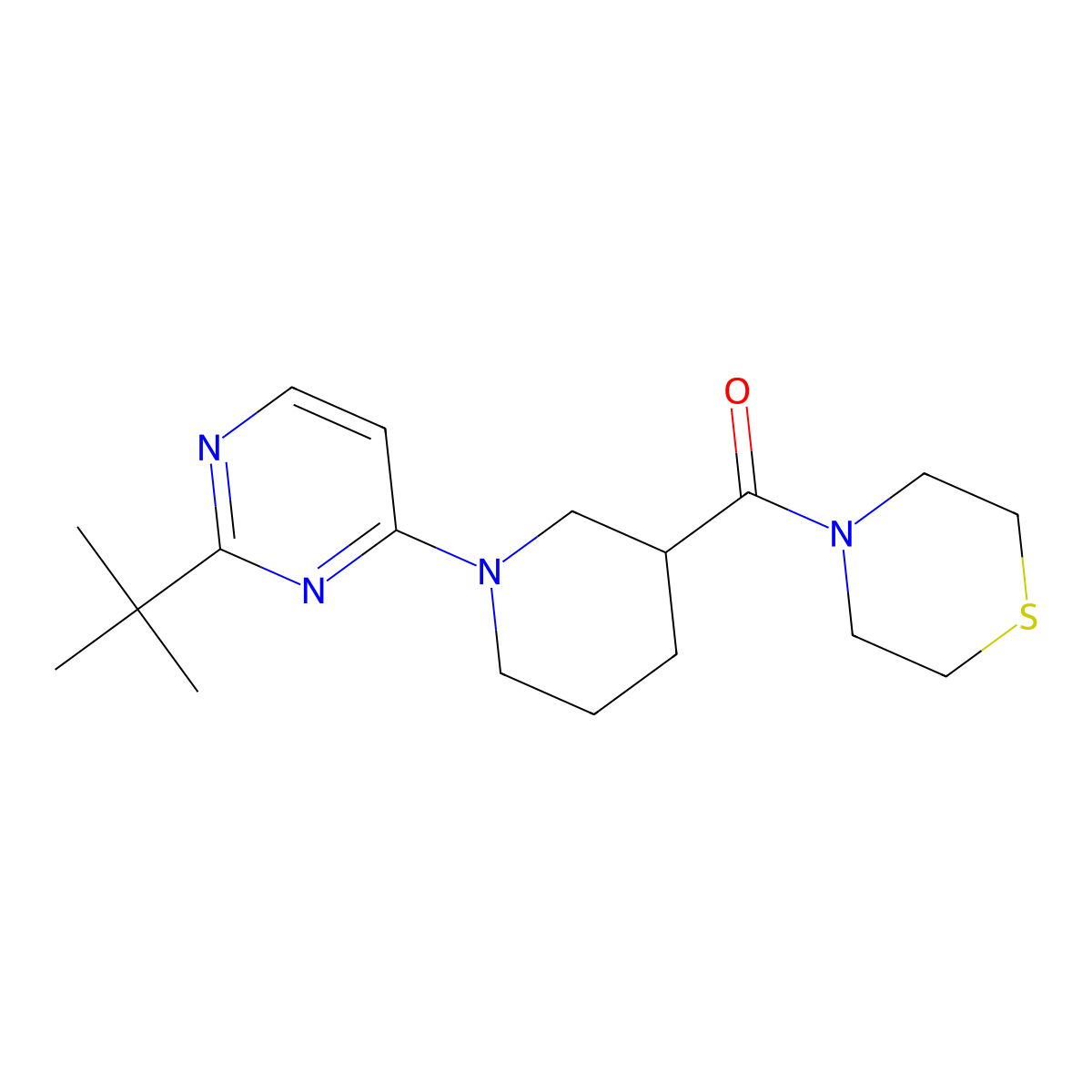 4-[1-(2-Tert-butylpyrimidin-4-yl)piperidine-3-carbonyl]thiomorpholine molecular structure, CAS 2741925-33-5
