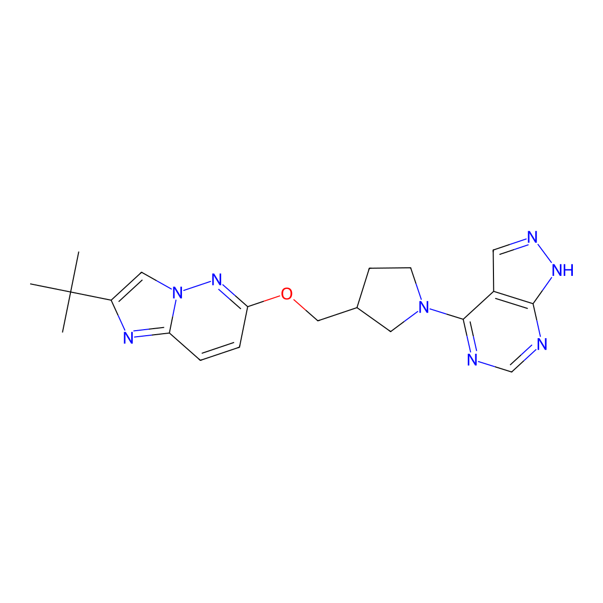 3-[({2-tert-butylimidazo[1,2-b]pyridazin-6-yl}oxy)methyl]-1-{1H-pyrazolo[3,4-d]pyrimidin-4-yl}pyrrolidine molecular structure, CAS 2741925-37-9