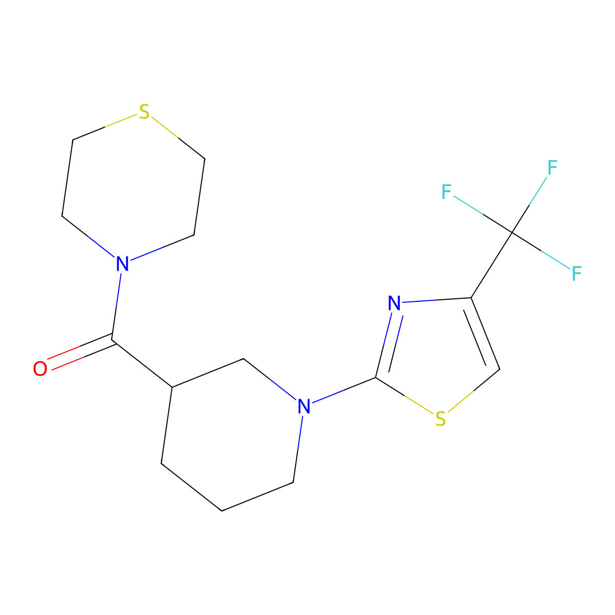 4-{1-[4-(Trifluoromethyl)-1,3-thiazol-2-yl]piperidine-3-carbonyl}thiomorpholine molecular structure, CAS 2741925-46-0