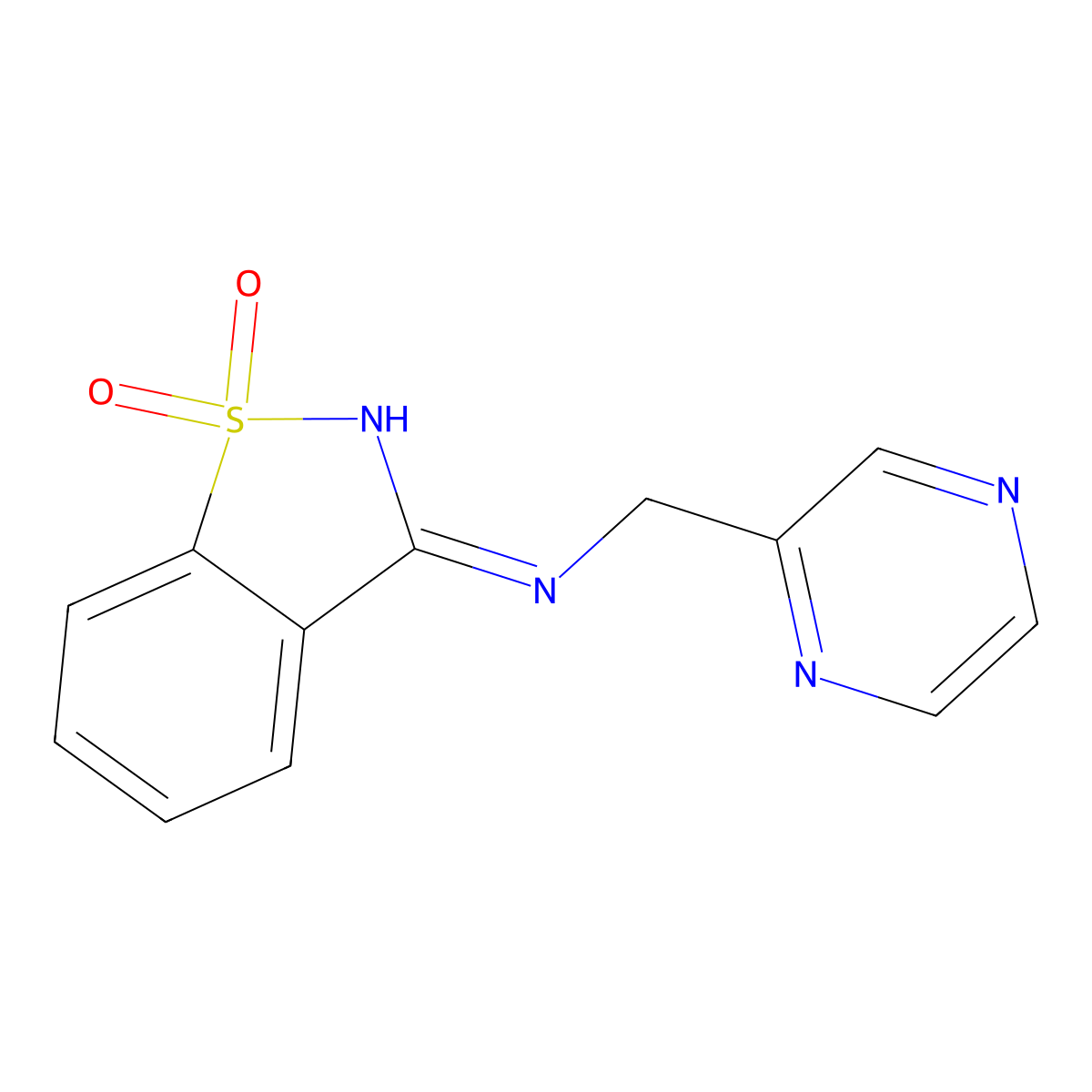 1,1-dioxo-N-(pyrazin-2-ylmethyl)-1,2-benzothiazol-3-imine molecular structure, CAS 2741925-50-6