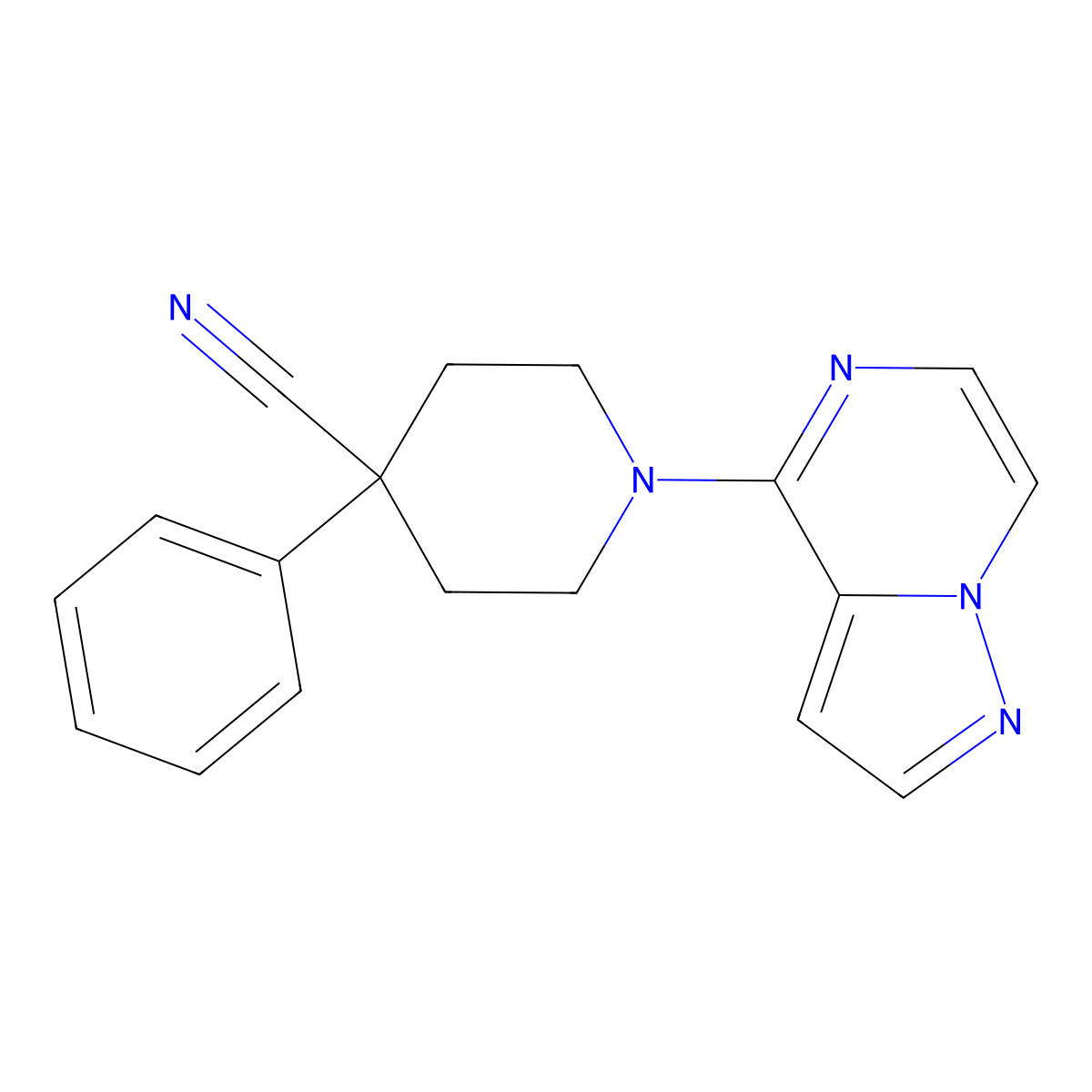 4-Phenyl-1-{pyrazolo[1,5-a]pyrazin-4-yl}piperidine-4-carbonitrile molecular structure, CAS 2741925-51-7