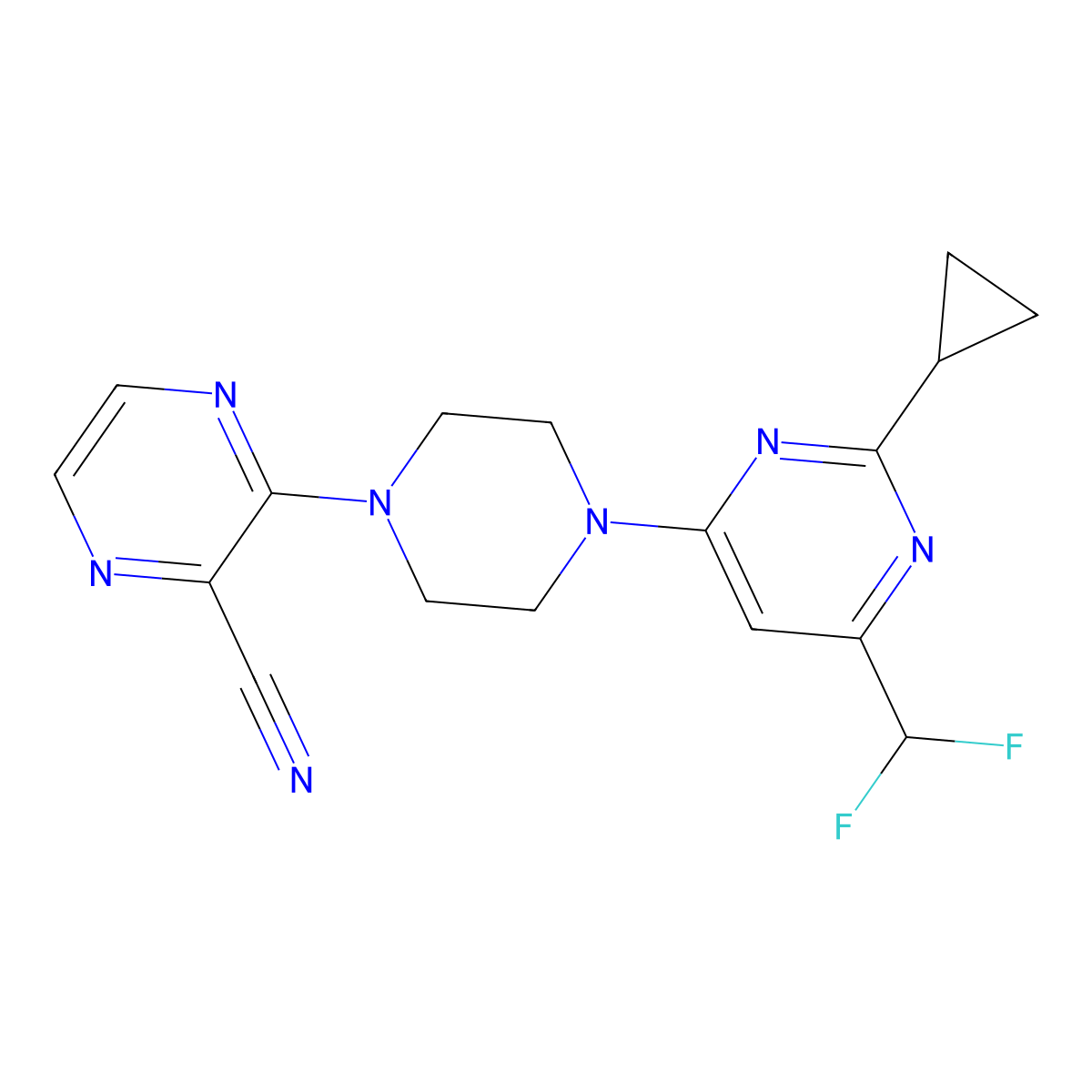 3-{4-[2-Cyclopropyl-6-(difluoromethyl)pyrimidin-4-yl]piperazin-1-yl}pyrazine-2-carbonitrile molecular structure, CAS 2741925-57-3