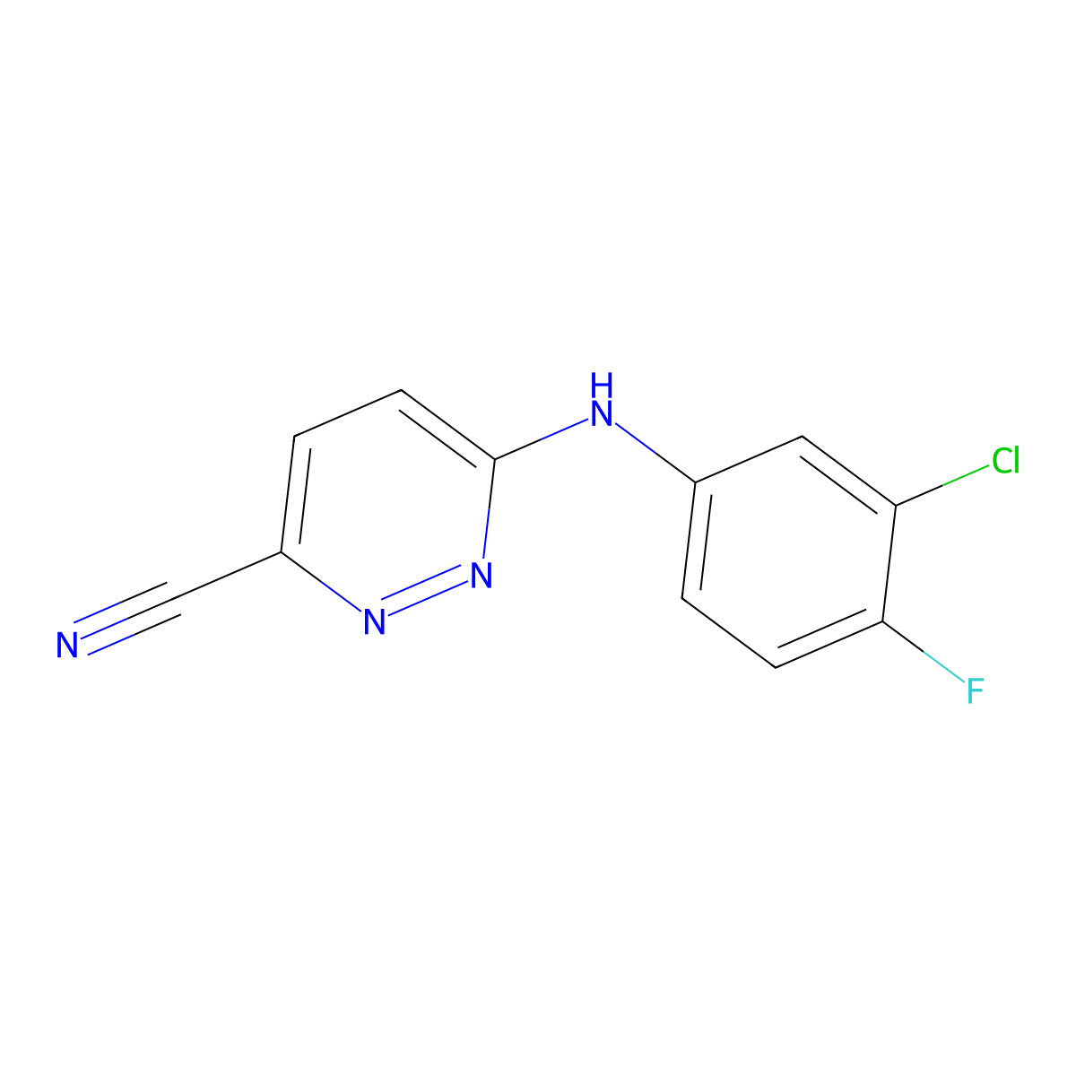 6-[(3-Chloro-4-fluorophenyl)amino]pyridazine-3-carbonitrile molecular structure, CAS 2741925-63-1