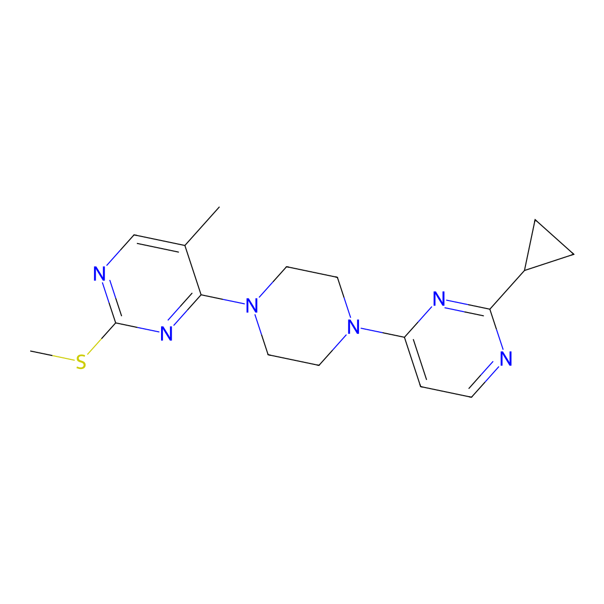 4-[4-(2-Cyclopropylpyrimidin-4-yl)piperazin-1-yl]-5-methyl-2-(methylsulfanyl)pyrimidine molecular structure, CAS 2741925-65-3