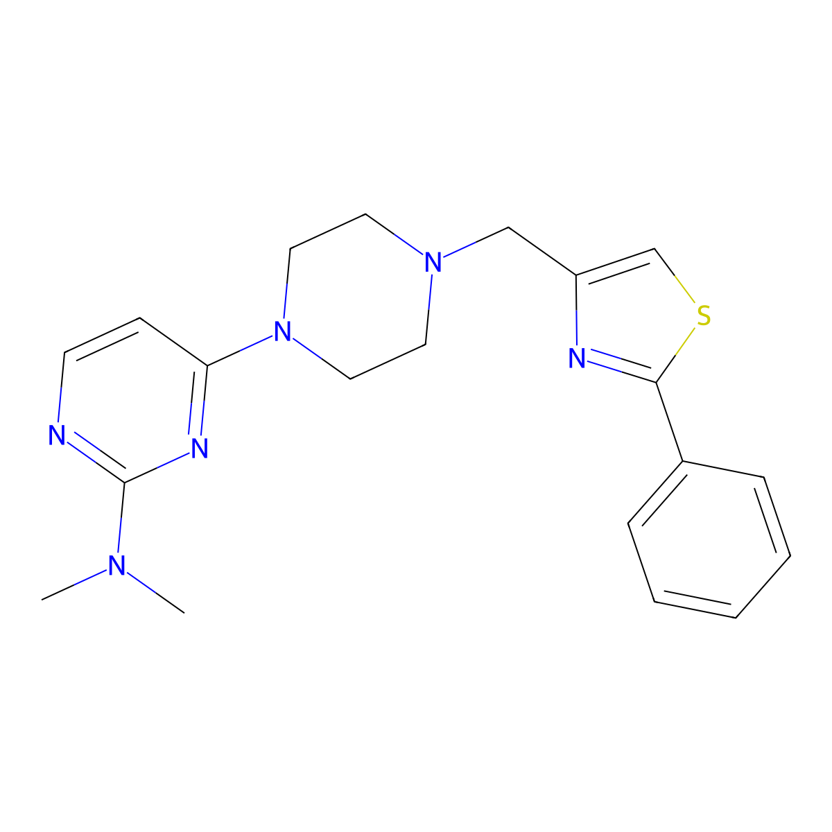 N,N-dimethyl-4-{4-[(2-phenyl-1,3-thiazol-4-yl)methyl]piperazin-1-yl}pyrimidin-2-amine molecular structure, CAS 2741925-71-1