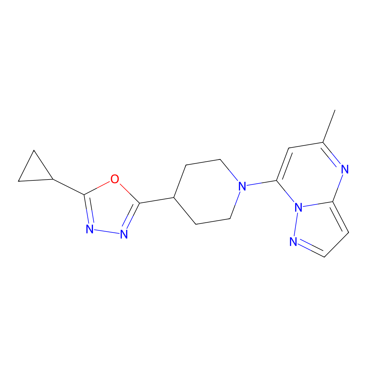 4-(5-Cyclopropyl-1,3,4-oxadiazol-2-yl)-1-{5-methylpyrazolo[1,5-a]pyrimidin-7-yl}piperidine molecular structure, CAS 2741925-77-7