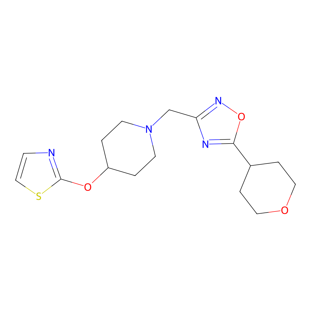 1-{[5-(Oxan-4-yl)-1,2,4-oxadiazol-3-yl]methyl}-4-(1,3-thiazol-2-yloxy)piperidine molecular structure, CAS 2741925-84-6
